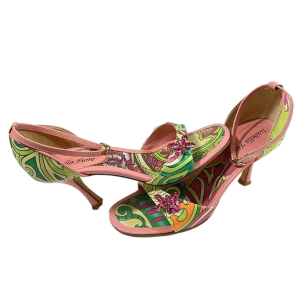 Isabella Fiore Shoes - Vintage Isabella Fiore Pink Floral Sandals With Rhinestone Butterflies Size 8